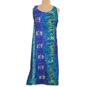Sita Dress Medium Blue Green Sleeveless Maxi Tropical Hawaii Indie Sleaze Aztec